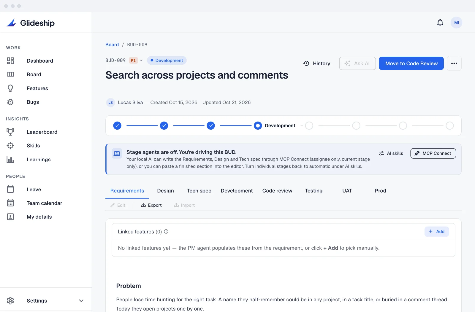Every phase can run on an agent — or you flip it off and drive it yourself from your local AI via MCP. Stage agents a…