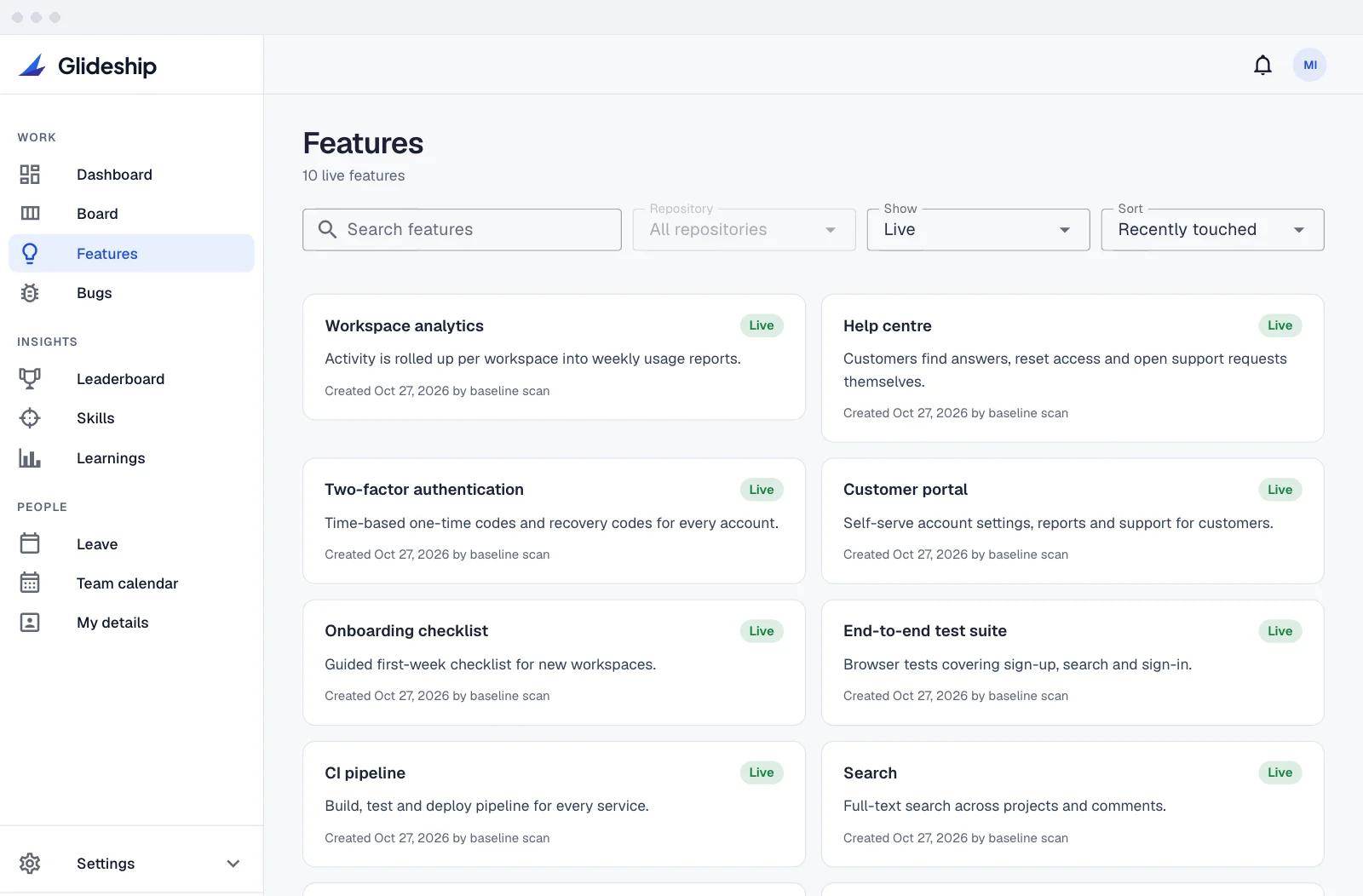 Features: the live feature list Glideship builds by scanning your code