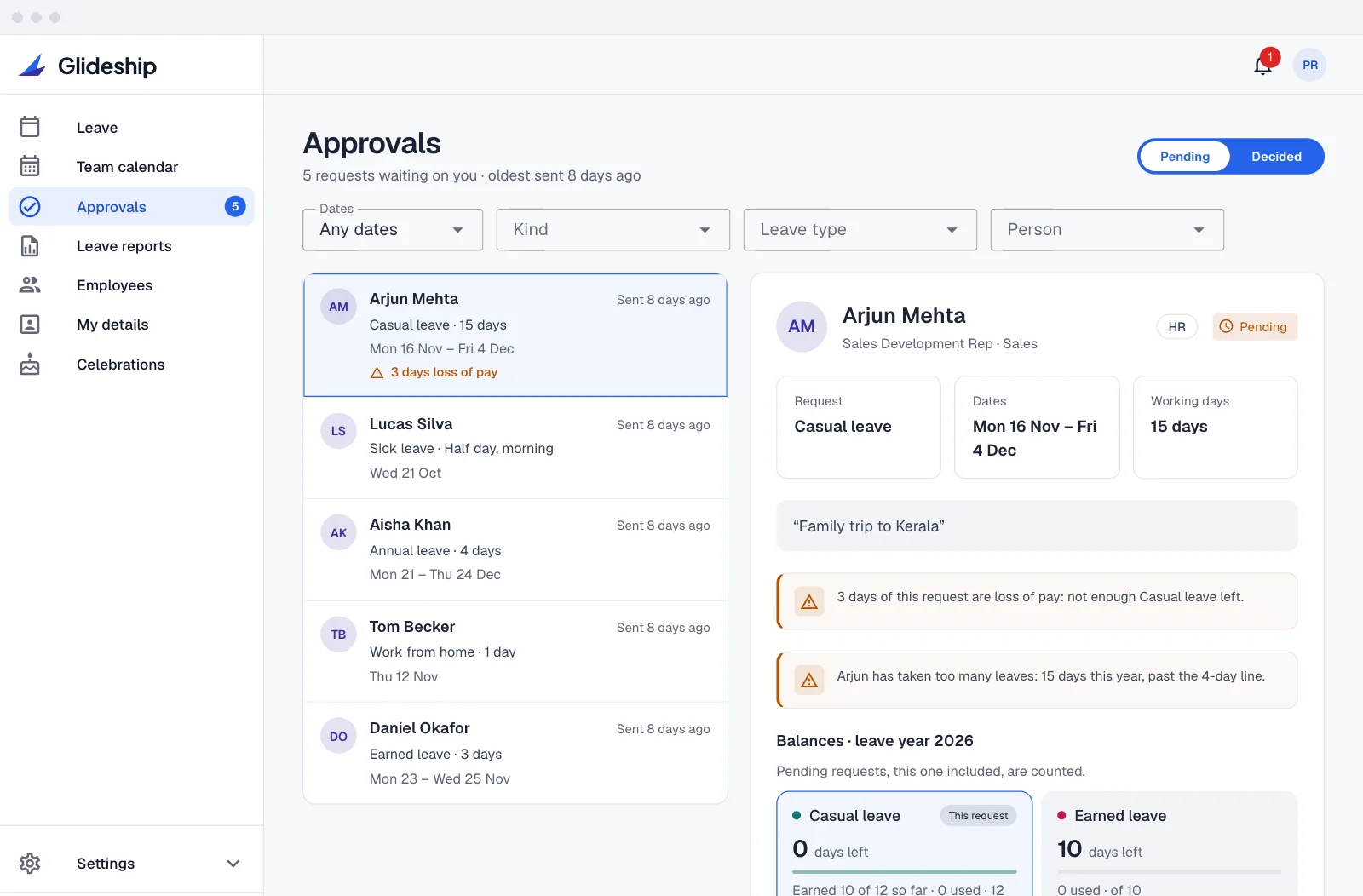 Approvals — balance after, loss of pay and who else is out