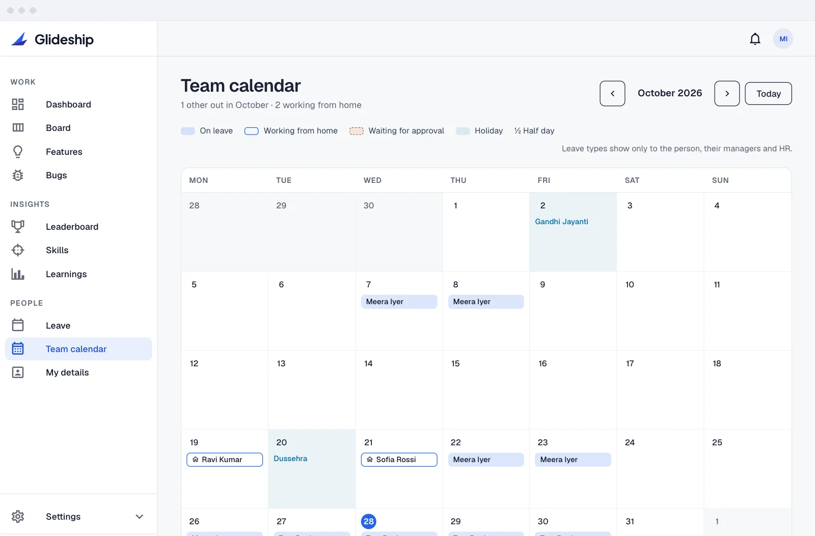 Team calendar — leave, work from home and public holidays