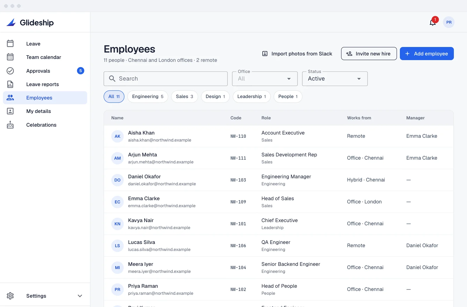 Employee directory — office, remote or hybrid, and manager