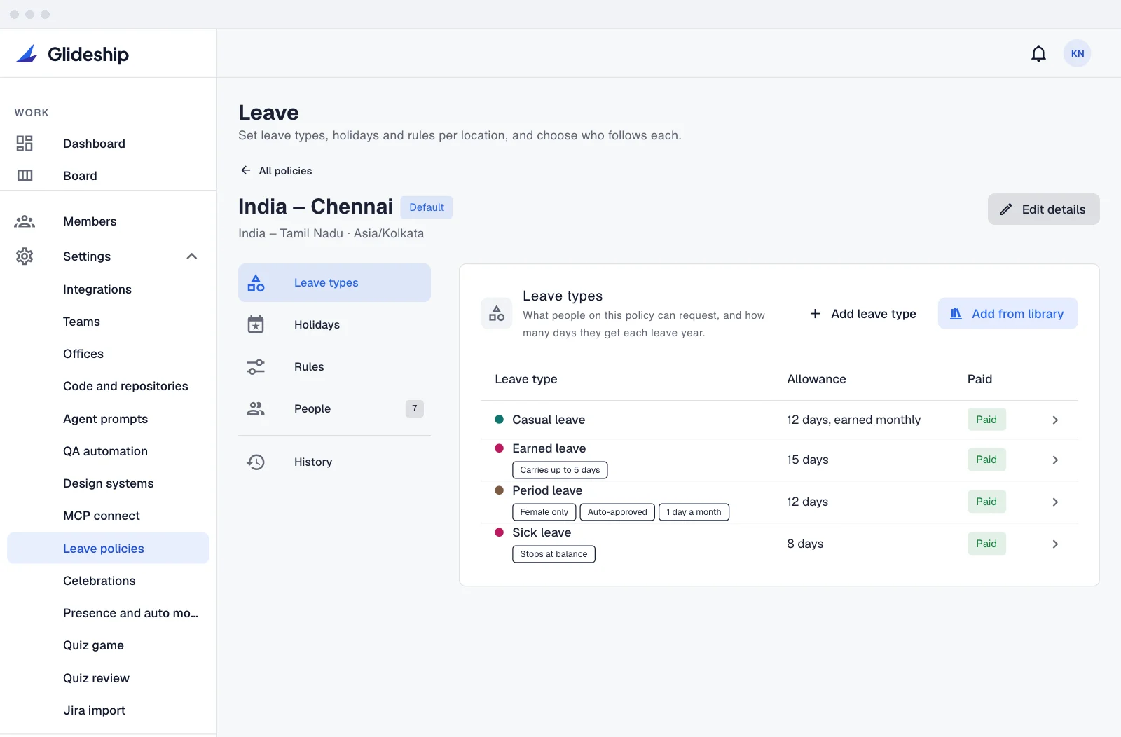 Leave policies per location — types, holidays, rules and people