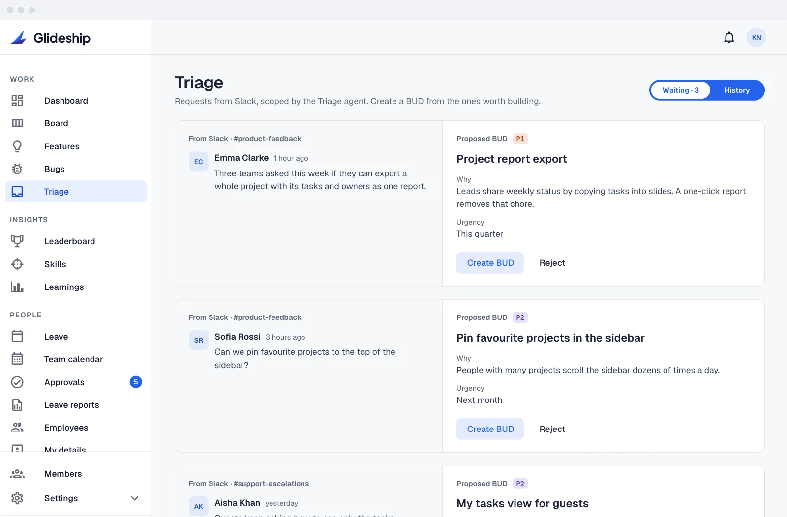 Triage: requests from Slack, scoped by the Triage Agent and waiting for a yes or no